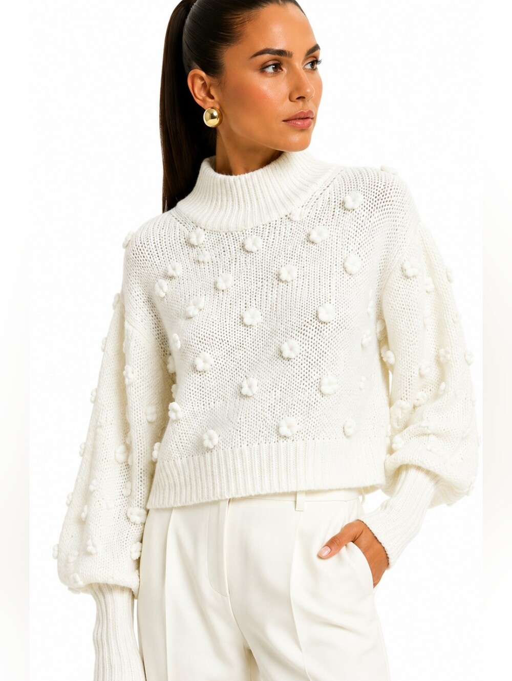 FARM Rio White Floral Applique Mock Neck Lantern Sleeve Sweater M